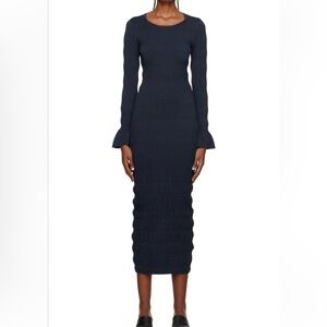 TOVE Giselle Midi Dress Navy Blue Crewneck Ruching Texture Long Bell Sleeve LG